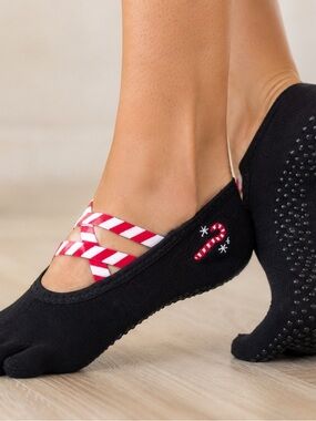 toesox Elle Full Toe Grip Socks - Black with Red & White Stripes Pilates M